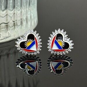 Antigua Flag Earrings Heart bling S925 Sterling Silver Handmade Ear Stud